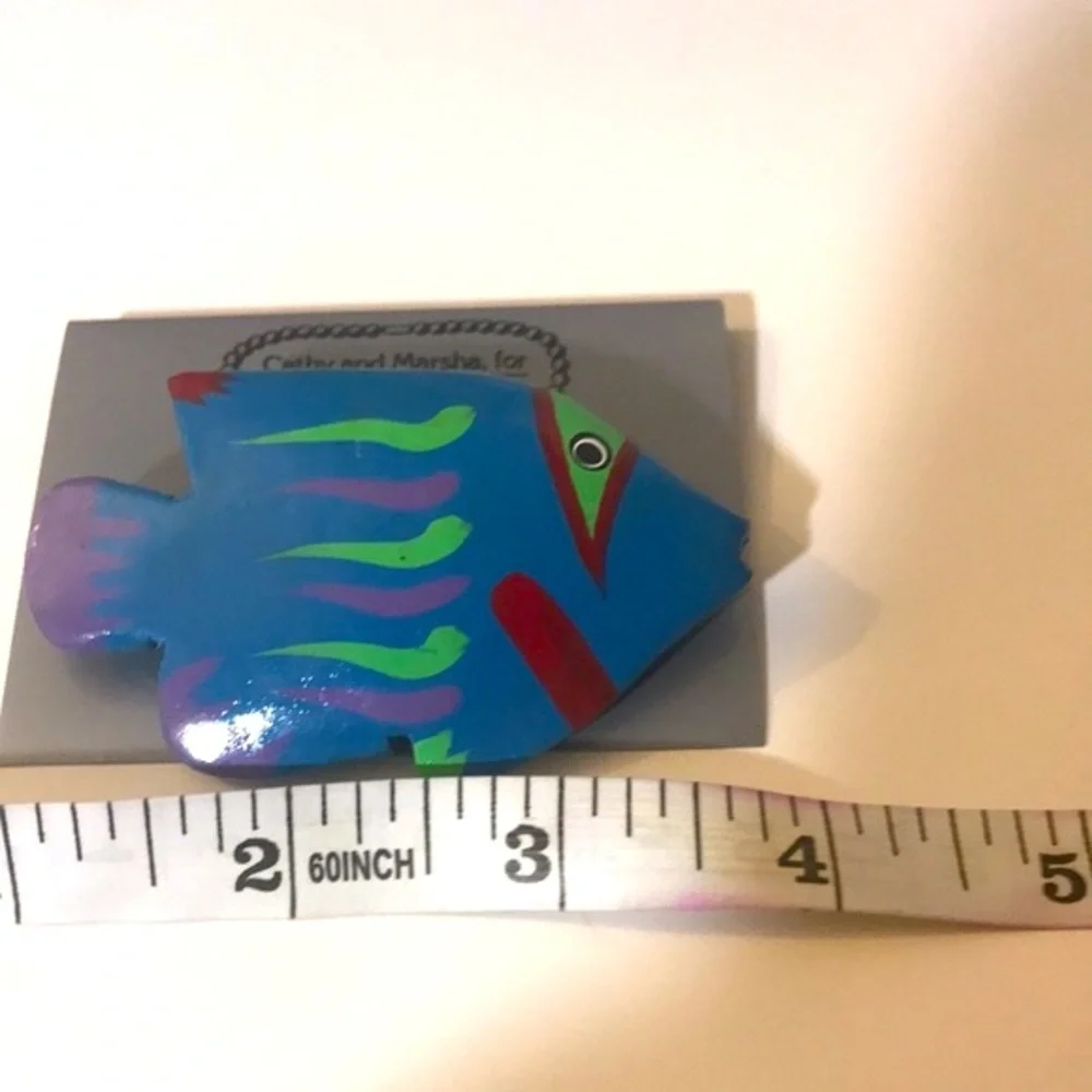 Vintage Cathy and Marsha blue wooden fish brooch boho summer beach